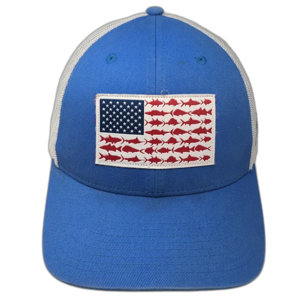 Columbia Blue Trucker Hat One Size PFG Fish American Flag Patch Mesh Snapback